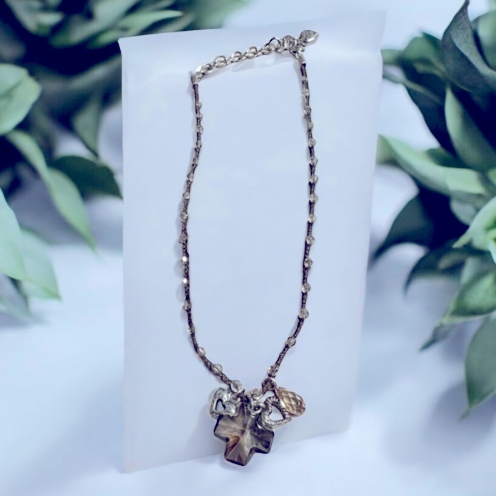 Brighton euc karma cross Swarovski crystal brown tan cotton cord charm necklace